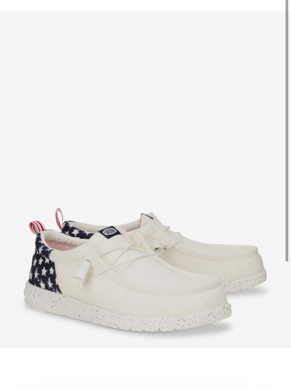 Hey Dude Cream Slip-On Loafers with Navy Star Heel and Red Pull Tab